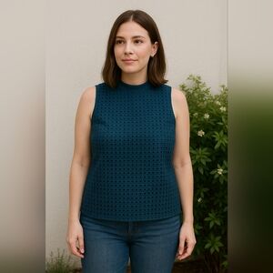 J. Crew Teal Blue Eyelet Lace Tank Gold Zip Back Lined Size 12